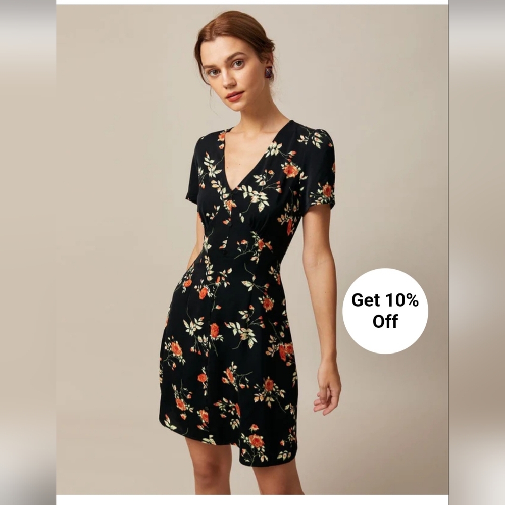 RIHOAS The Black V Neck Floral Button Up Mini Dress Size M